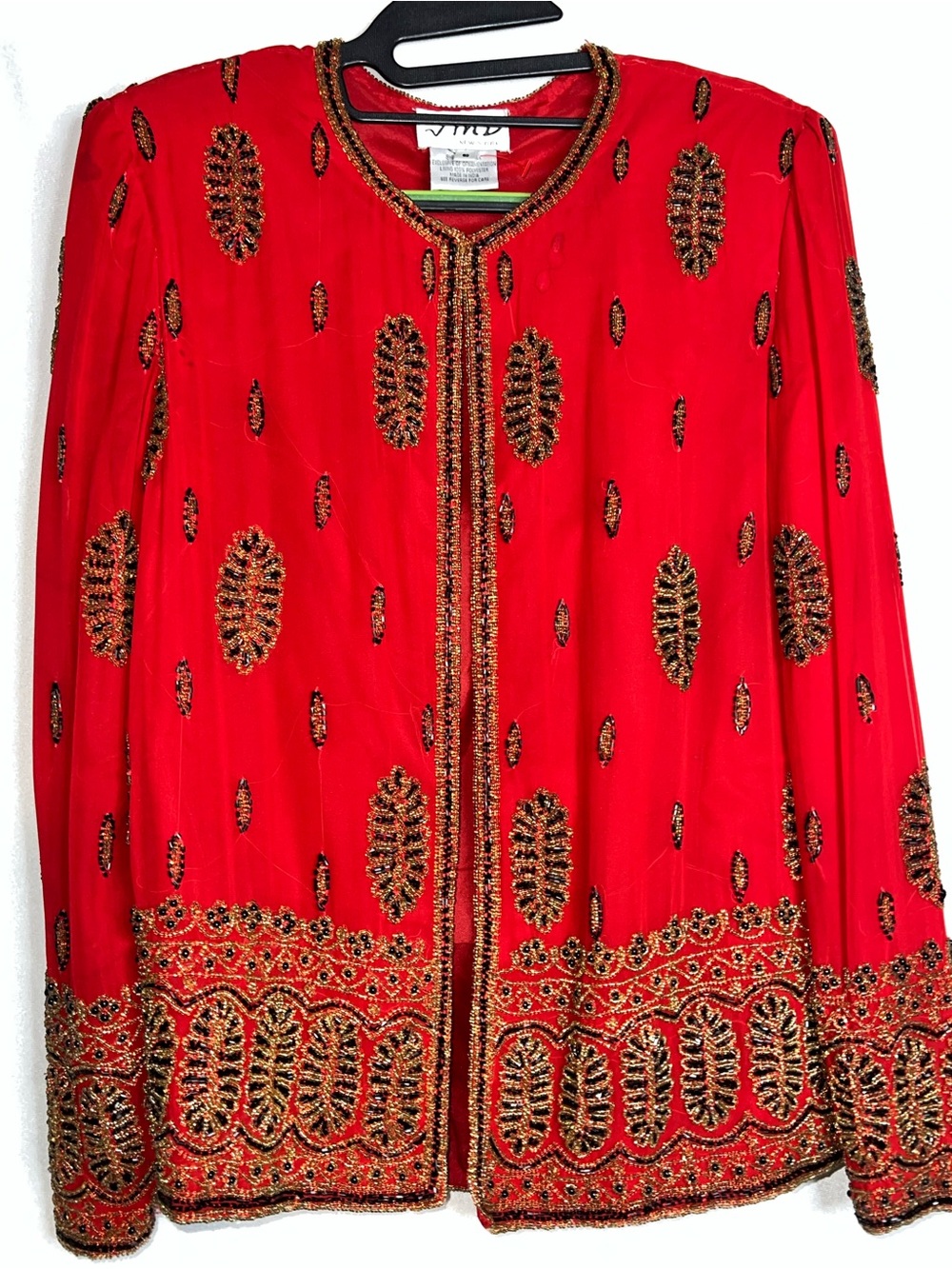 Vintage Small Red Silk Beaded Embellished Jacket PTP 19” Small Stain